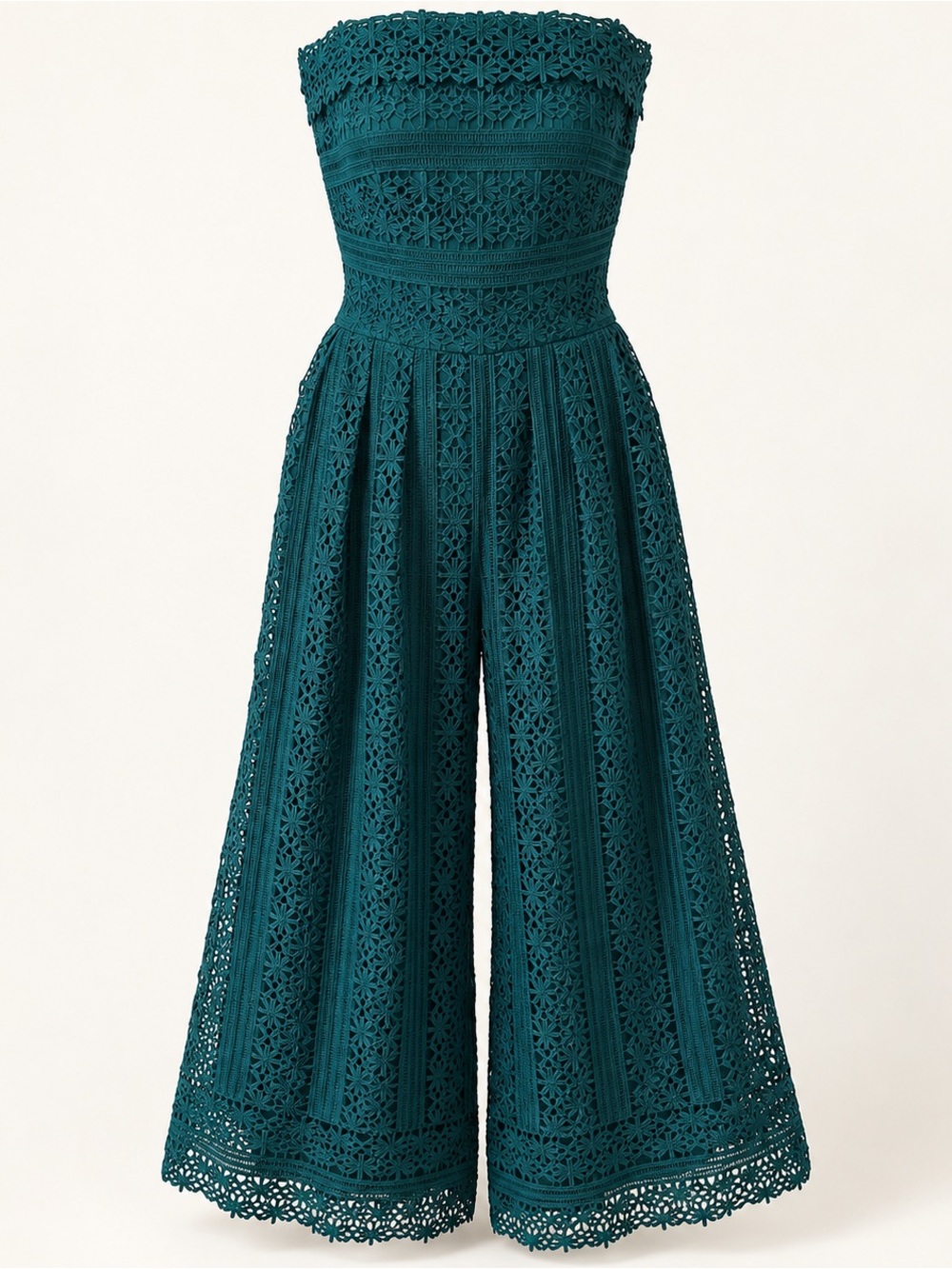 Greylin Teal Strapless Crochet-Lace Wide-Leg Jumpsuit